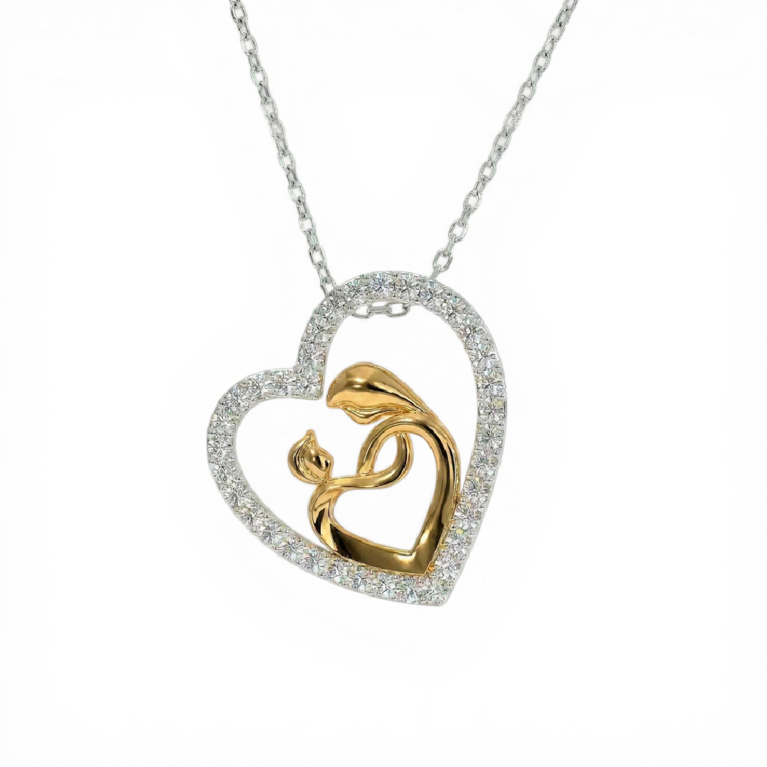 Two-tone Mother & Child Embrace Heart Diamond S925 Silver Pendant Necklace