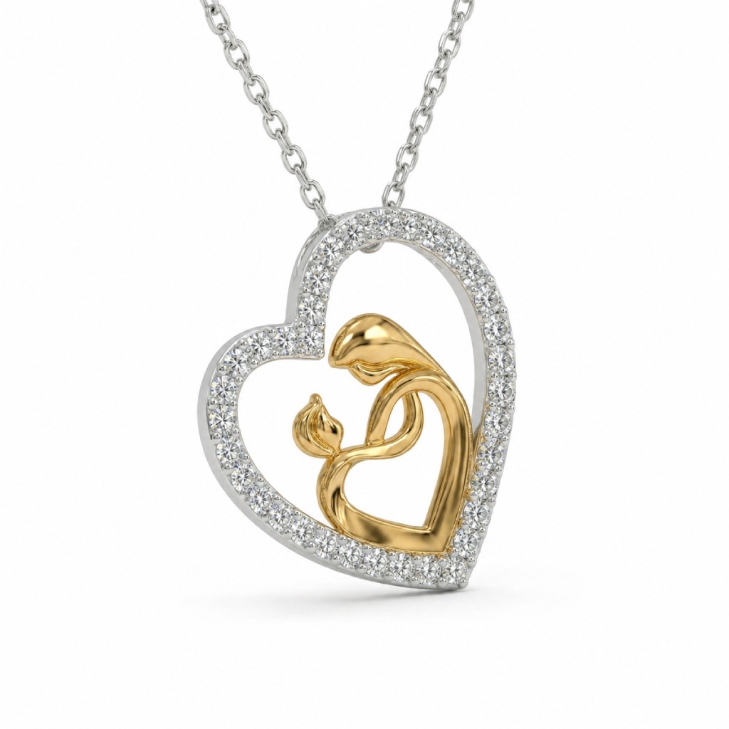 Two-tone Mother & Child Embrace Heart Diamond S925 Silver Pendant Necklace Two-tone Mother & Child Embrace Heart Diamond S925 Silver Pendant Necklace