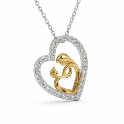 Two-tone Mother & Child Embrace Heart Diamond S925 Silver Pendant Necklace