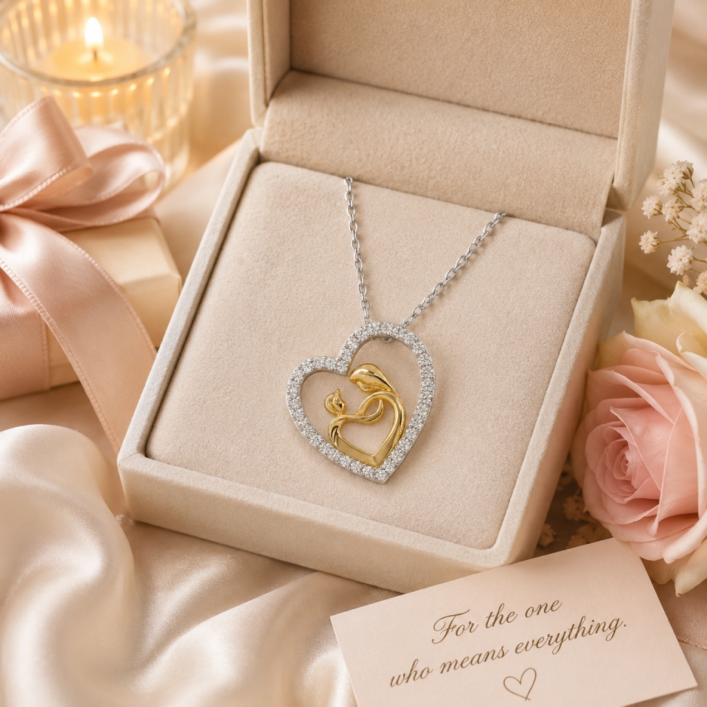 Two-tone Mother & Child Embrace Heart Diamond S925 Silver Pendant Necklace Two-tone Mother & Child Embrace Heart Diamond S925 Silver Pendant Necklace