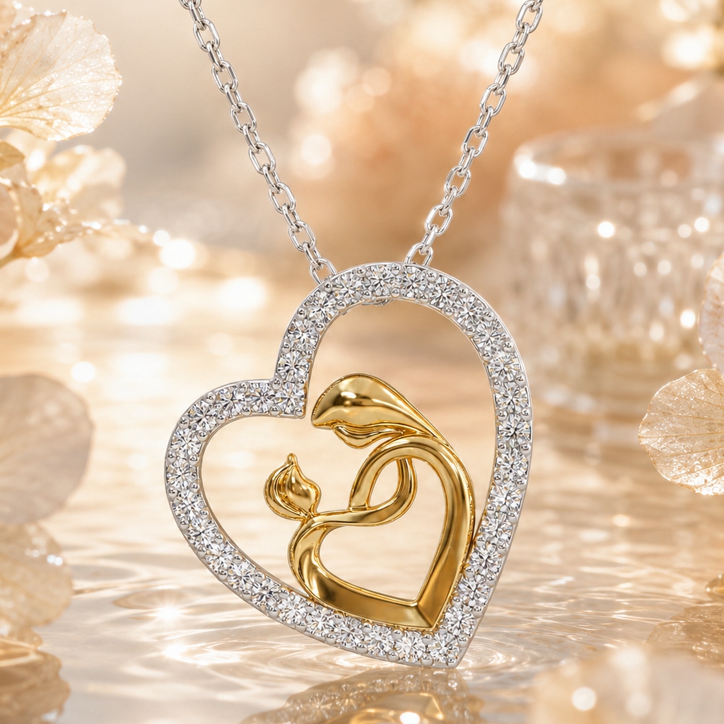 Two-tone Mother & Child Embrace Heart Diamond S925 Silver Pendant Necklace Two-tone Mother & Child Embrace Heart Diamond S925 Silver Pendant Necklace