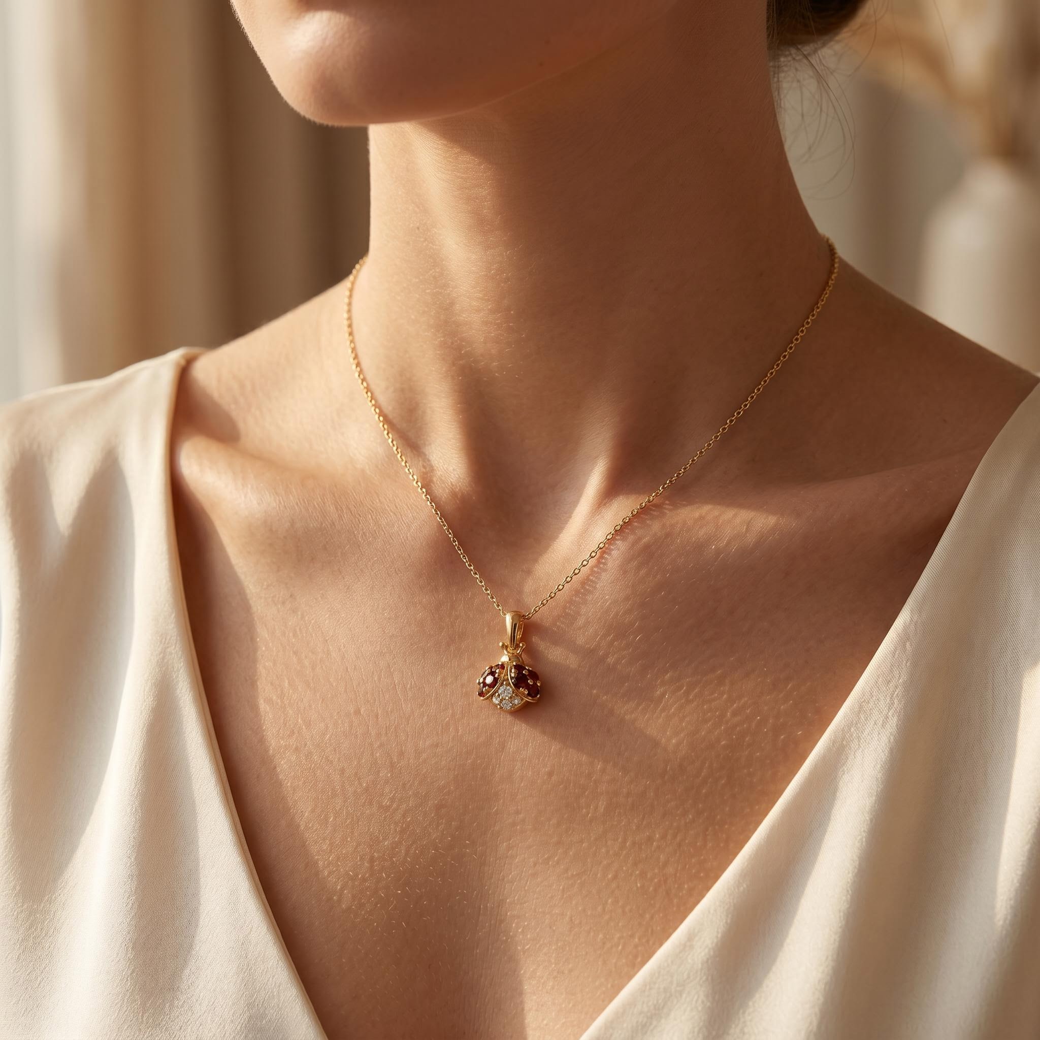 0.7 ct.tw. Ladybug-shaped Garnet Round Cut Pendant Necklace