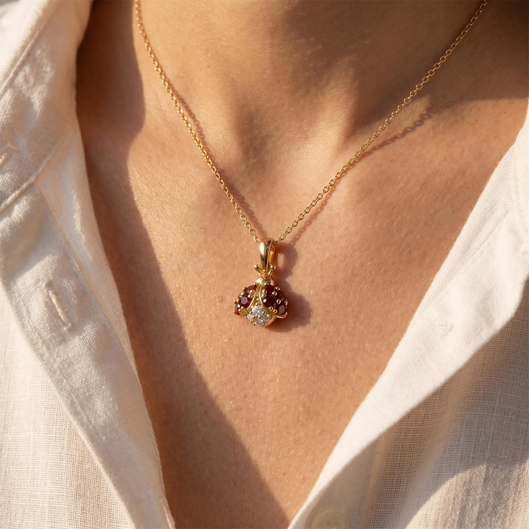 0.7 ct.tw. Ladybug-shaped Garnet Round Cut Pendant Necklace