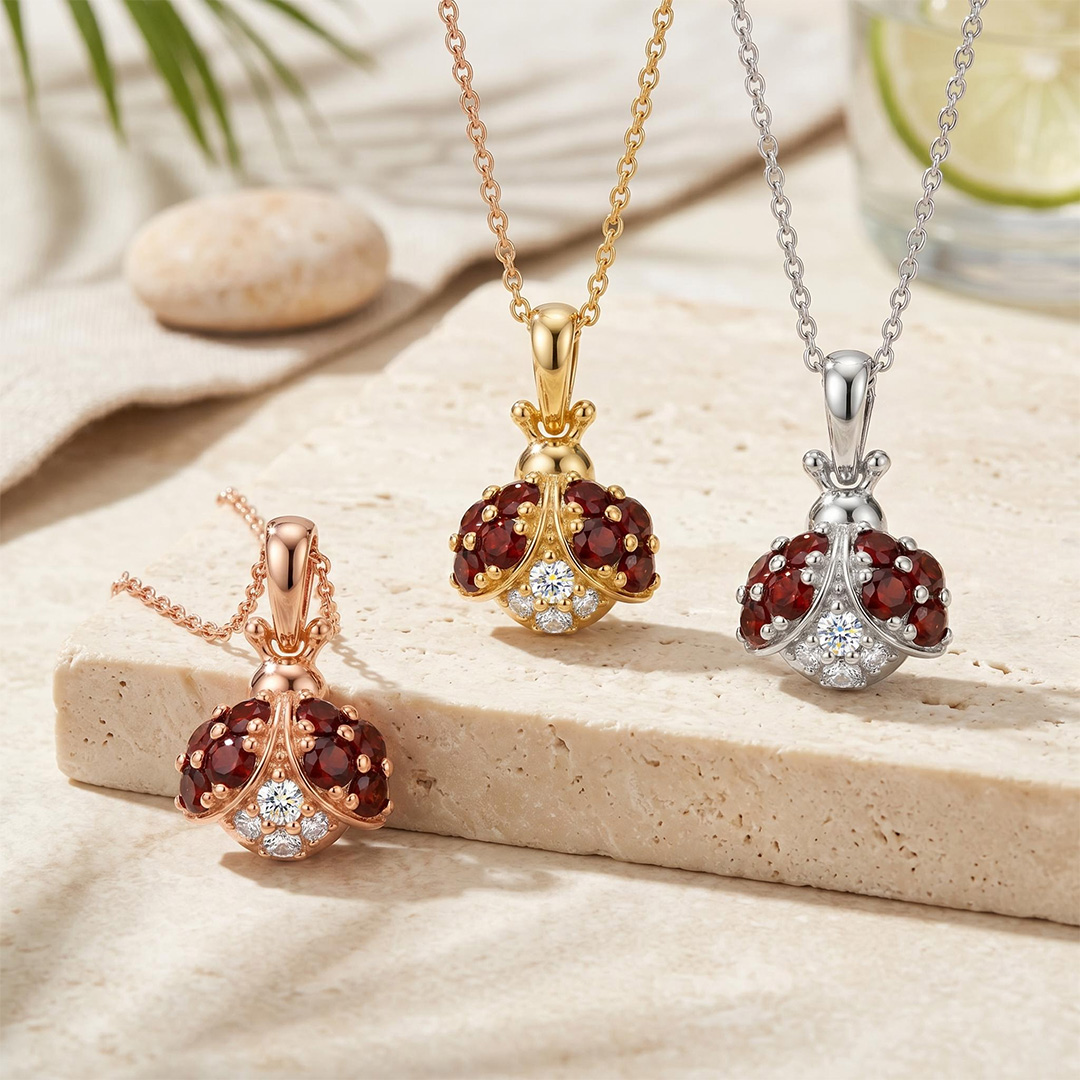 0.7 ct.tw. Ladybug-shaped Garnet Round Cut Pendant Necklace