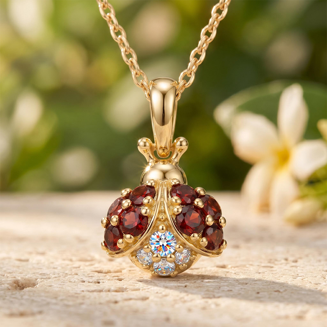 0.7 ct.tw. Ladybug-shaped Garnet Round Cut Pendant Necklace