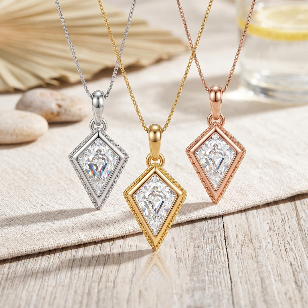 2.32 ct.tw. Elegant Kite Shape Moissanite VVS1 with Side Stone Pendant Necklace 2.32 ct.tw. Elegant Kite Shape Moissanite VVS1 with Side Stone Pendant Necklace