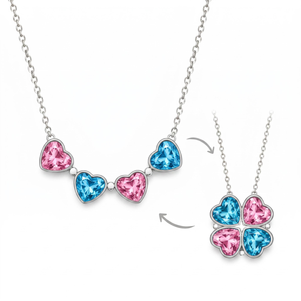 Personalized Birthstone 2in1 Lucky Clover Heart Cut Pendant