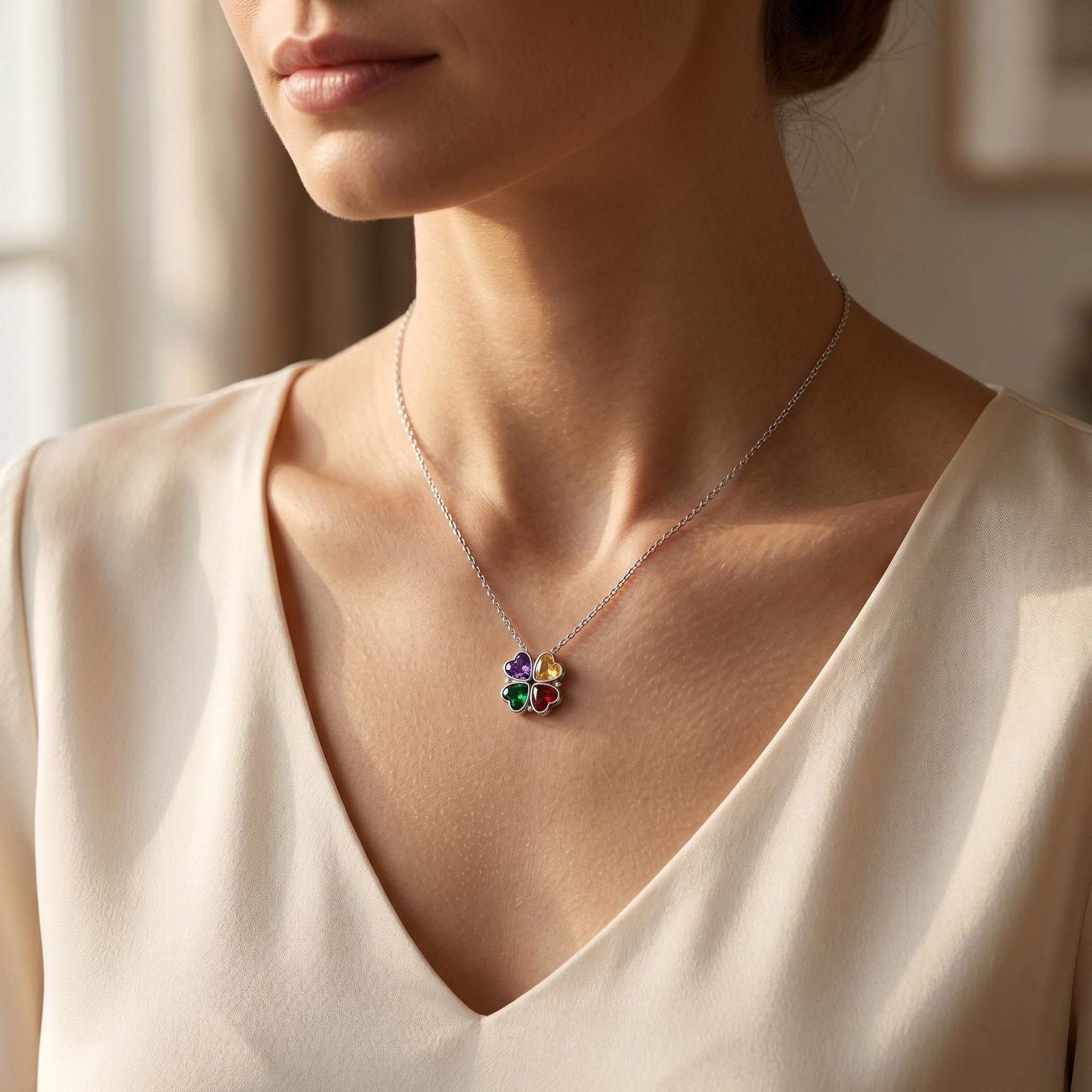 Personalized Birthstone 2in1 Lucky Clover Heart Cut Pendant