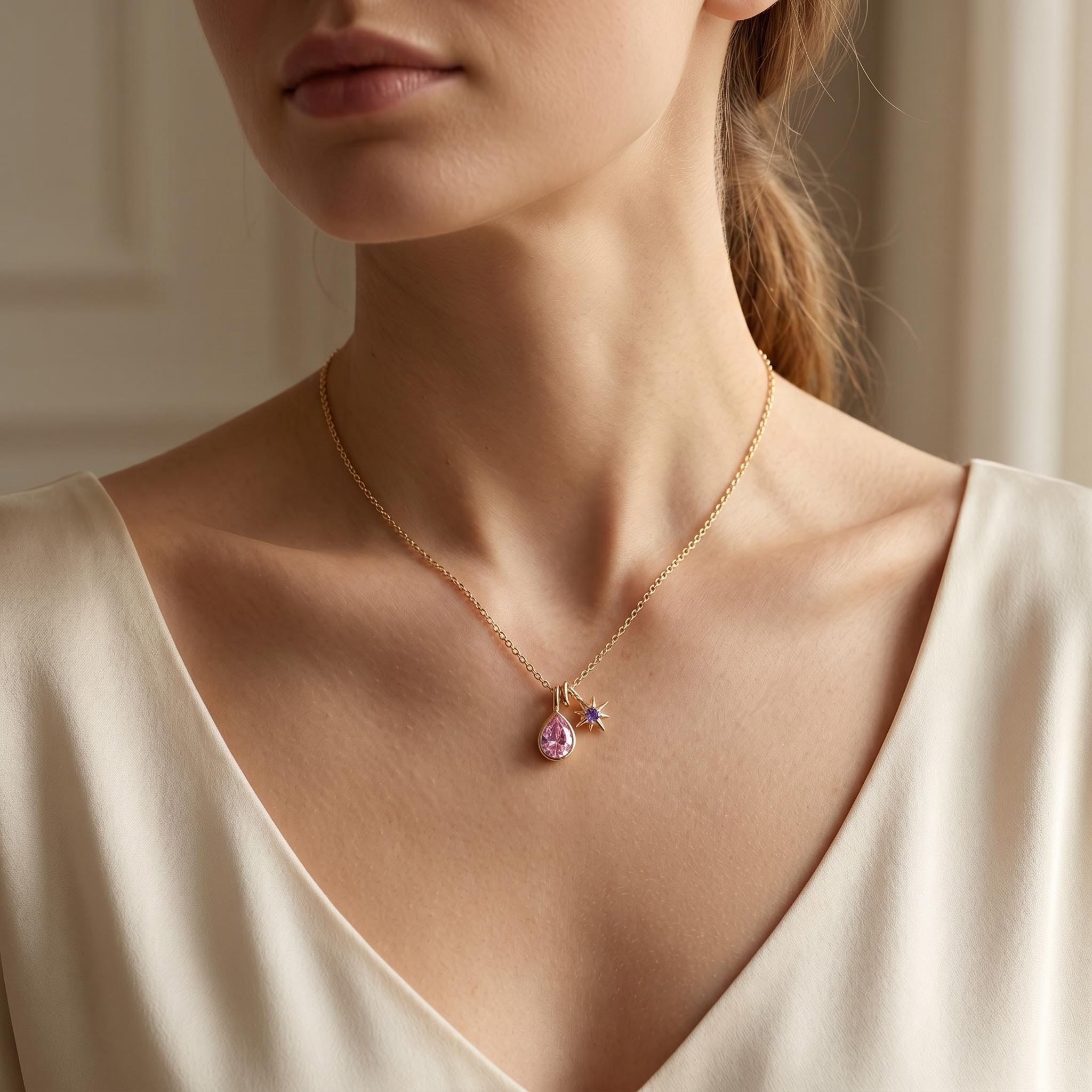 Personalized Birthstone Drop-shape with Star Pendant