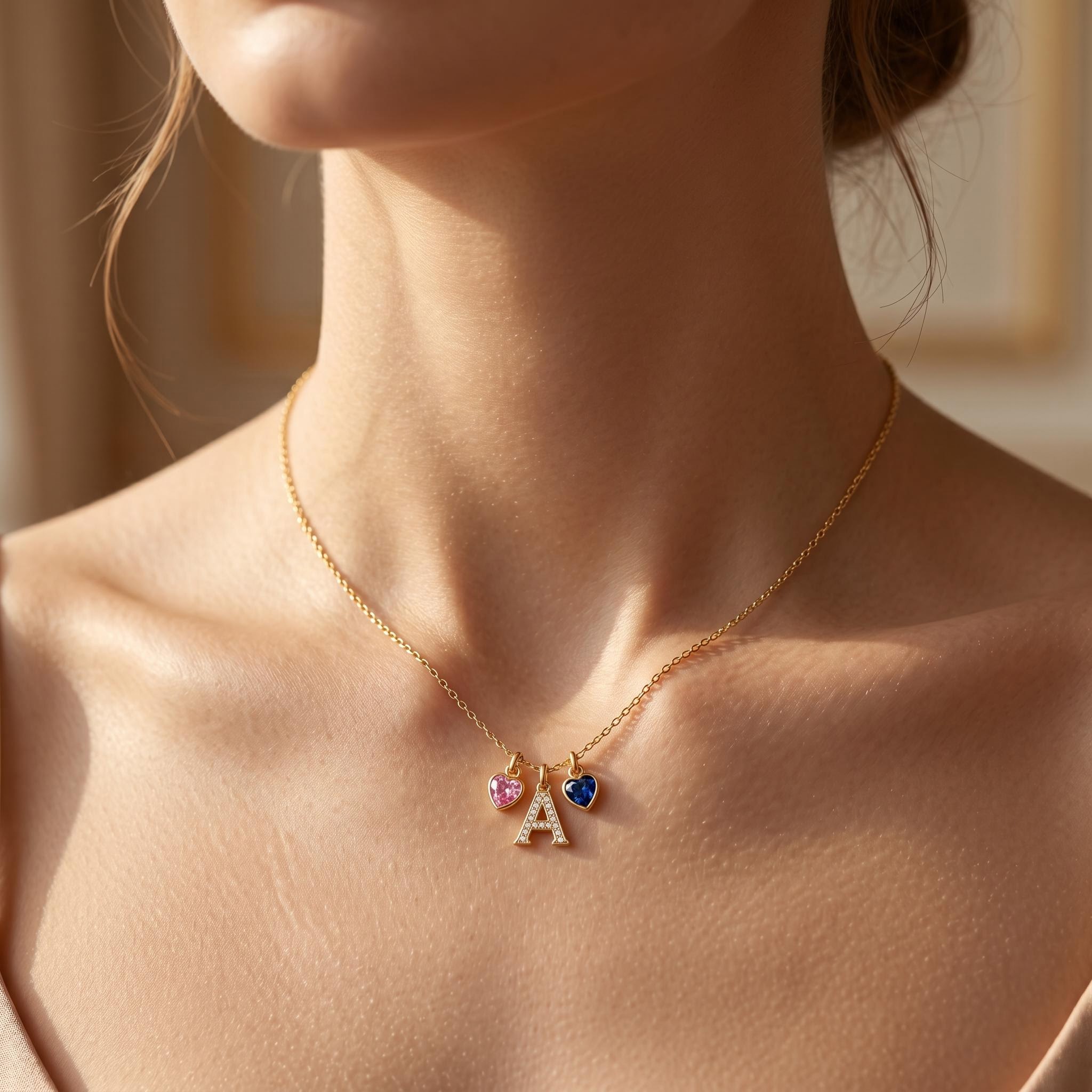 Paved Initial Letters with Birthstone Double Heart Pendant