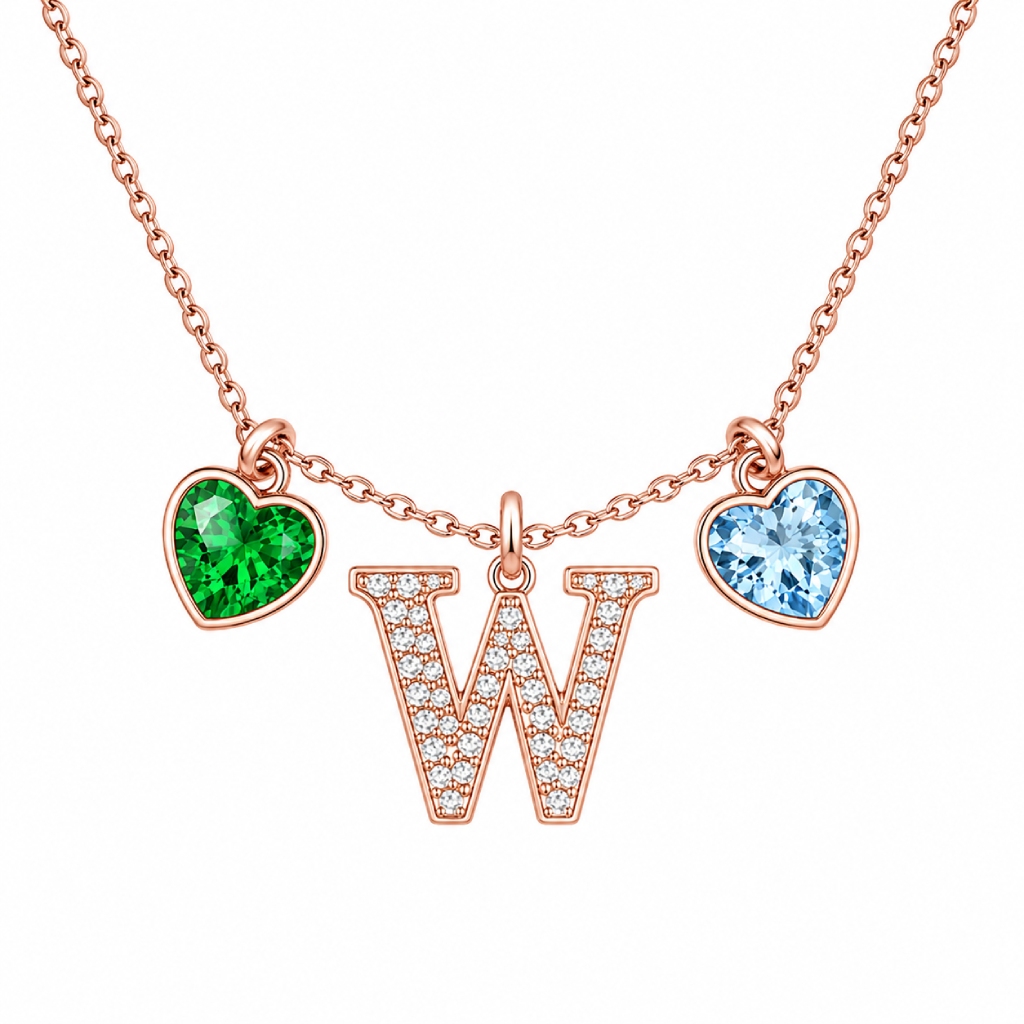 Paved Initial Letters with Birthstone Double Heart Pendant