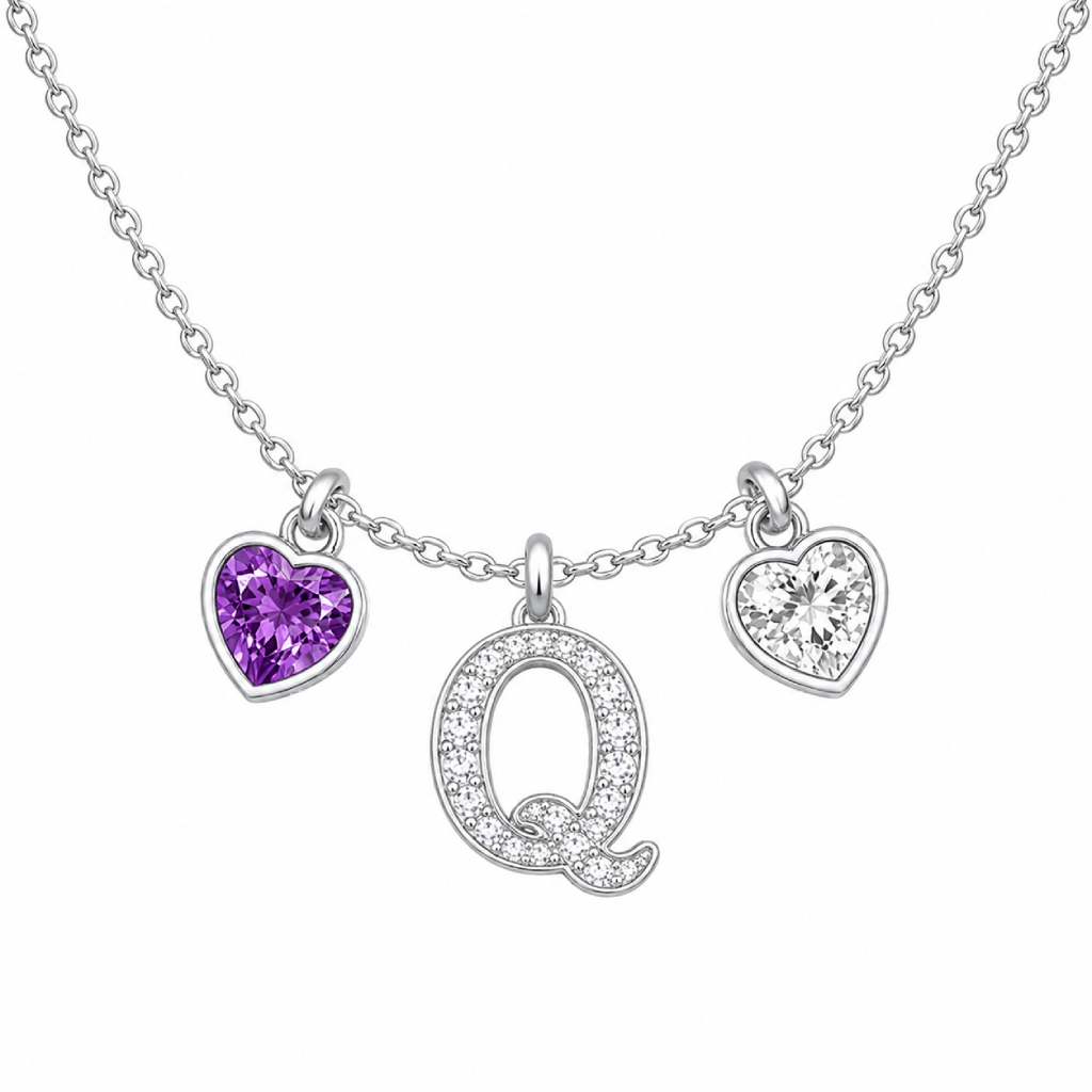 Paved Initial Letters with Birthstone Double Heart Pendant