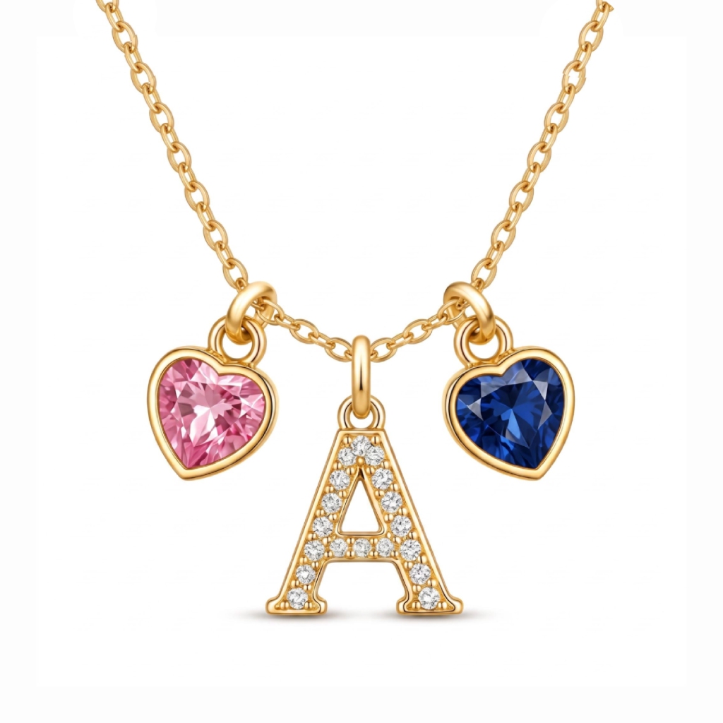 Paved Initial Letters with Birthstone Double Heart Pendant