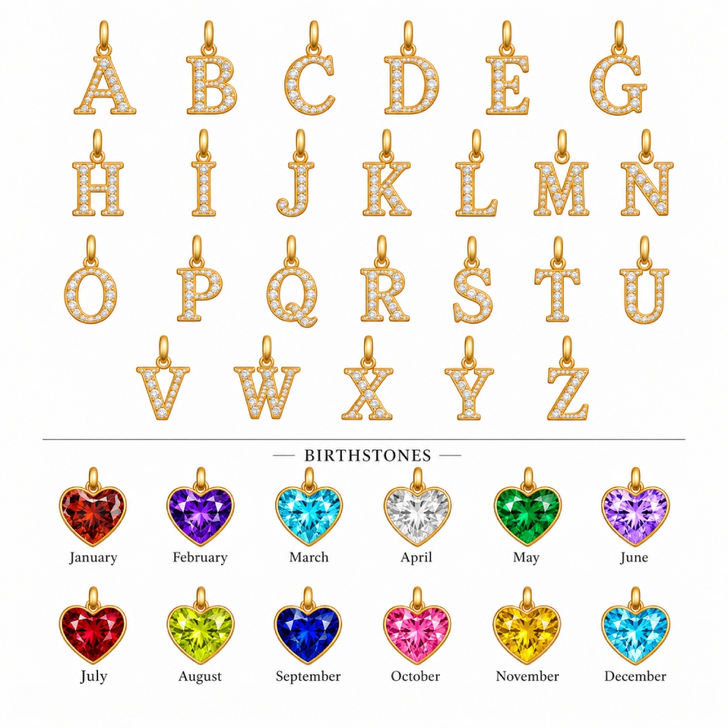 Paved Initial Letters with Birthstone Double Heart Pendant
