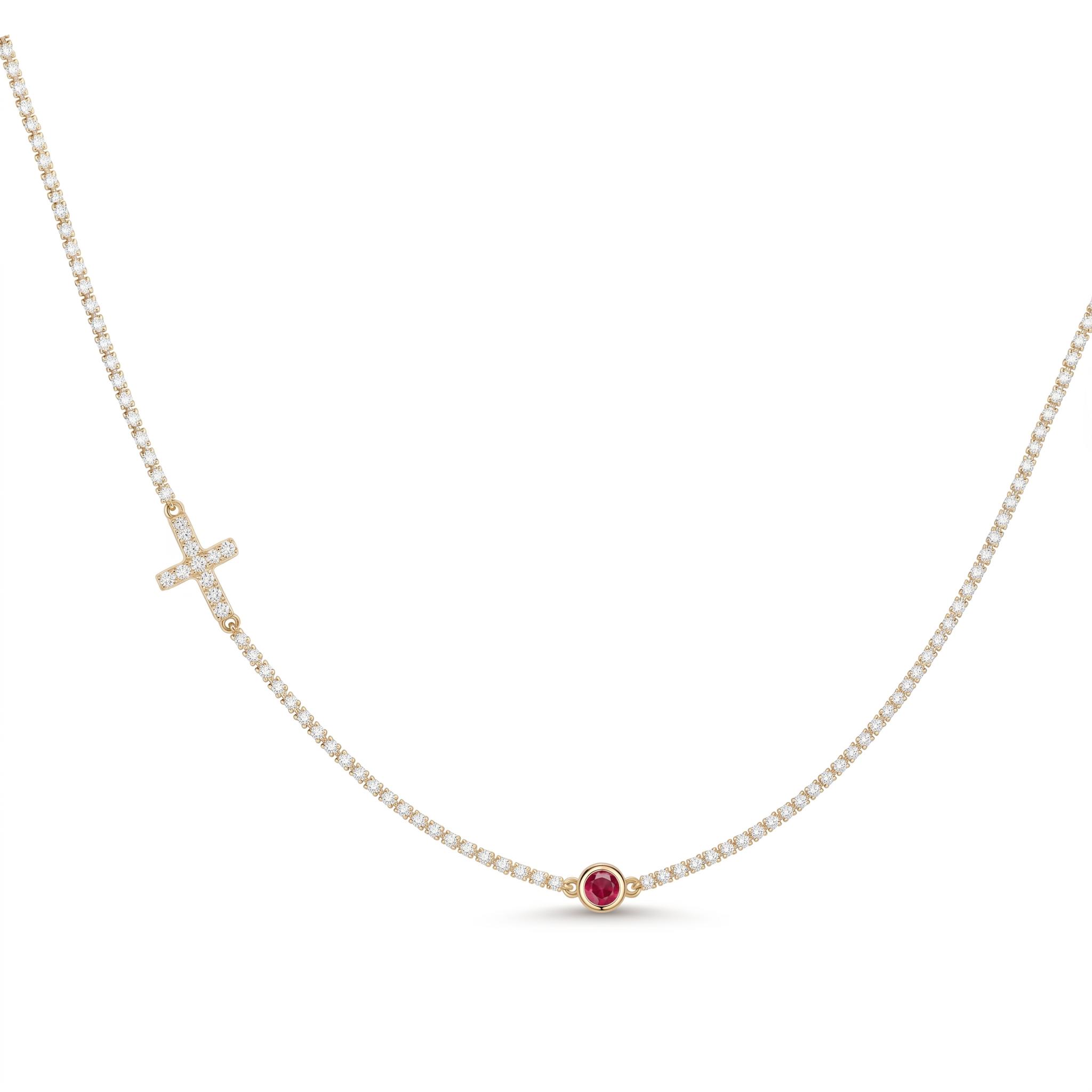 Micro Paved Cross with Round Cut Birthstone Tennis Chain