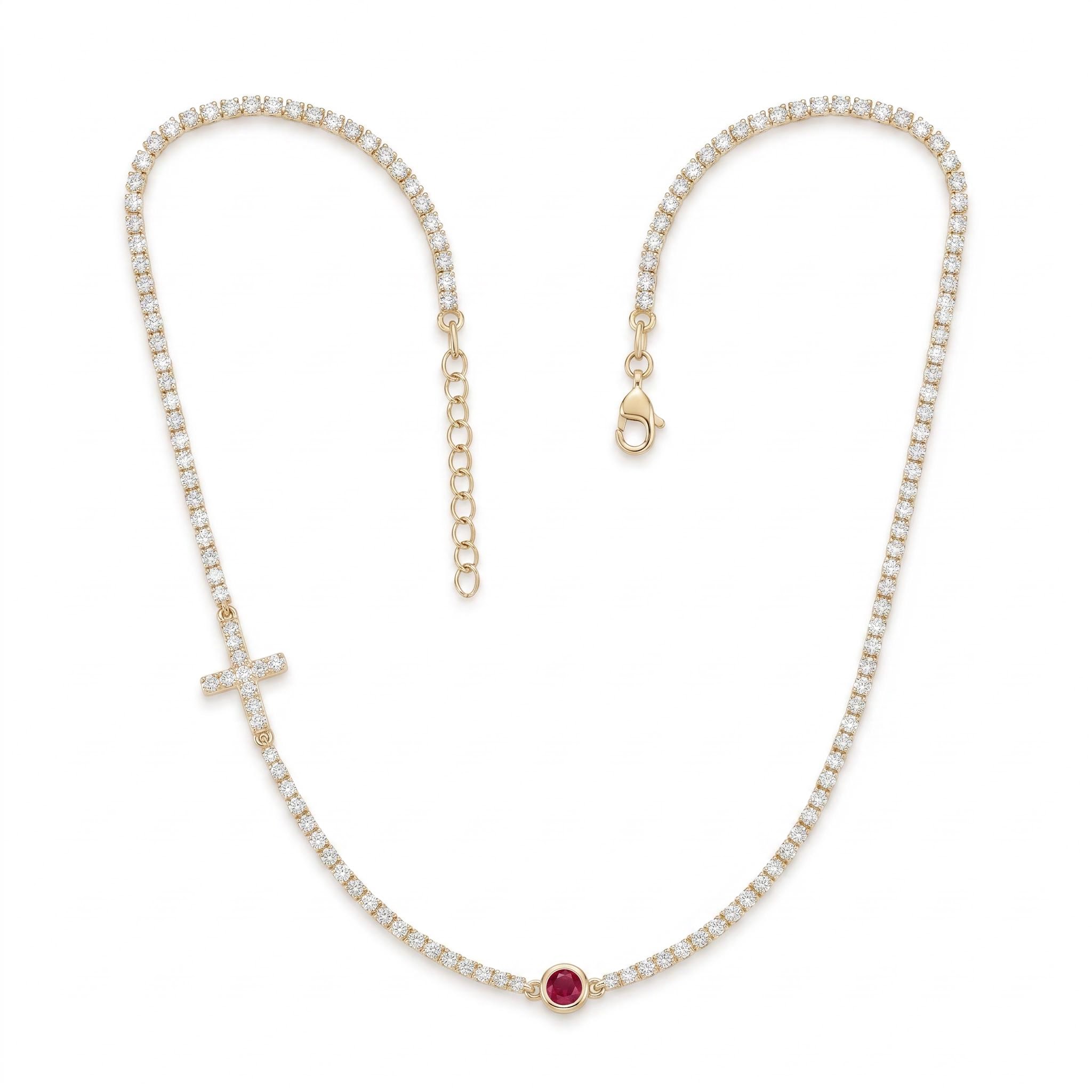 Micro Paved Cross with Round Cut Birthstone Tennis Chain