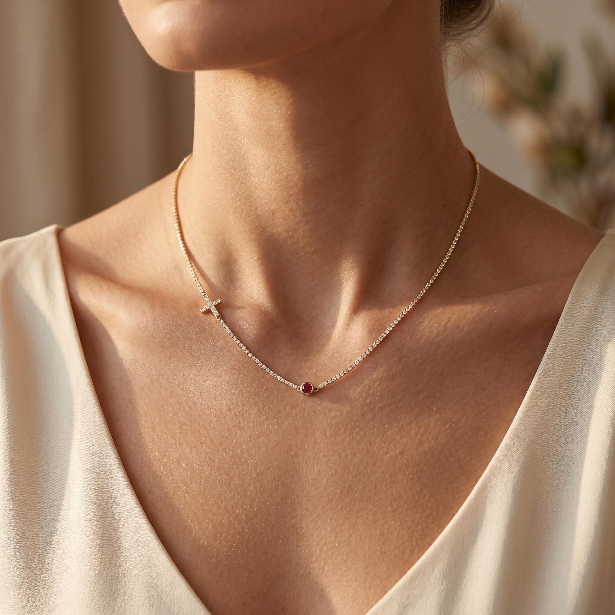 Micro Paved Cross with Round Cut Birthstone Tennis Chain