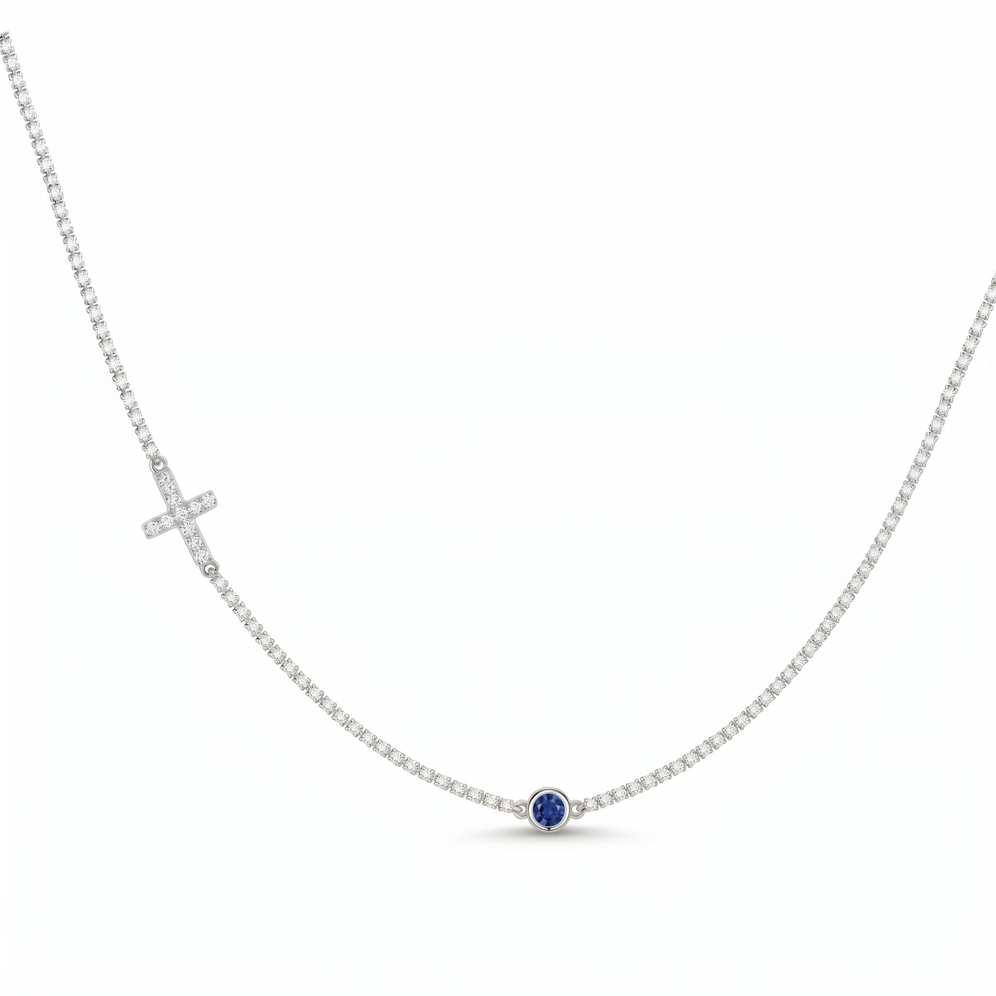 Micro Paved Cross with Round Cut Birthstone Tennis Chain