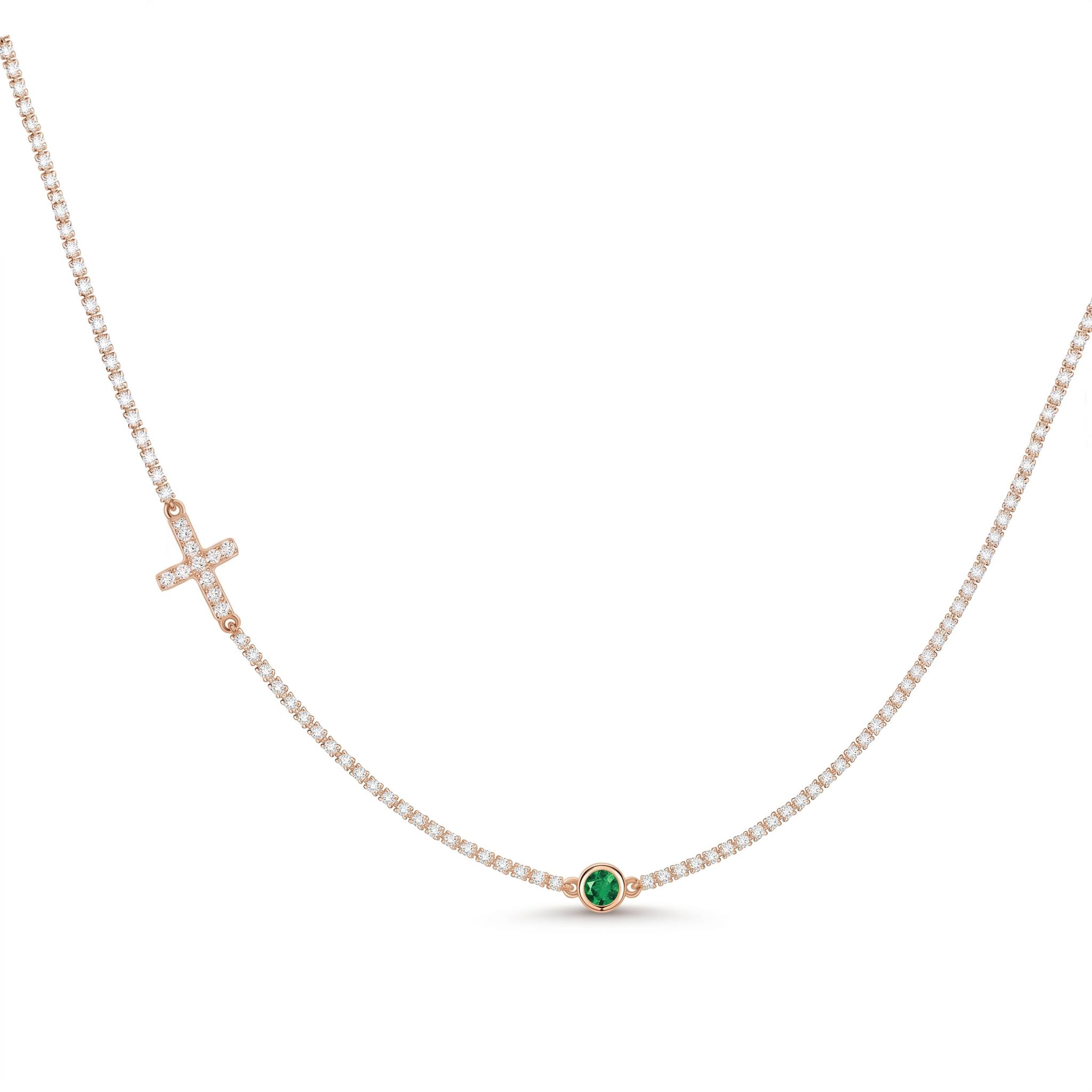 Micro Paved Cross with Round Cut Birthstone Tennis Chain
