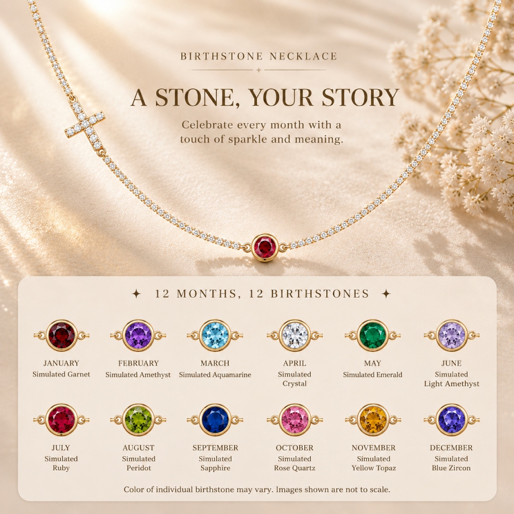 Micro Paved Cross with Round Cut Birthstone Tennis Chain