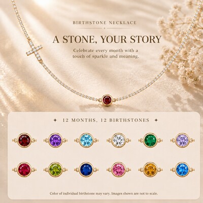 Micro Paved Cross with Round Cut Birthstone Tennis Chain