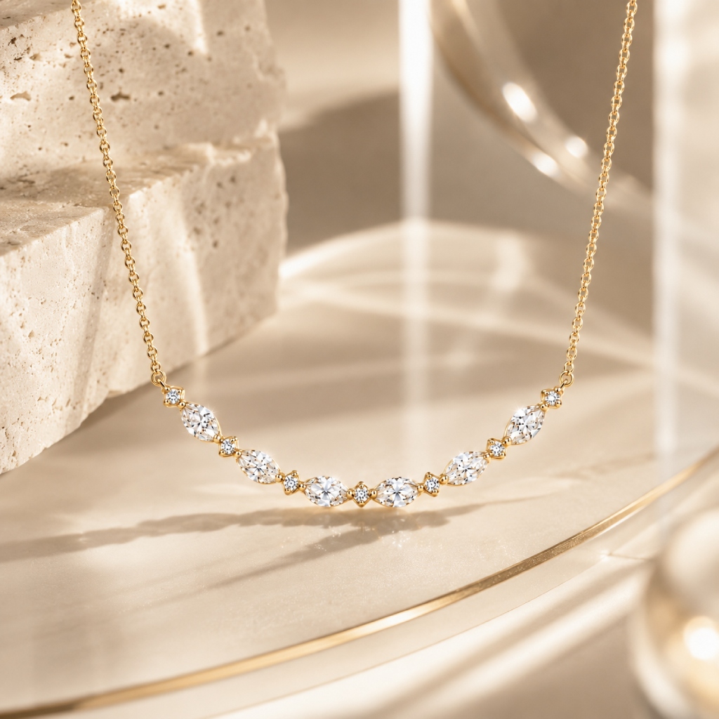 0.49 ct.tw. Smile Curved Marquise + Round Cut Necklace