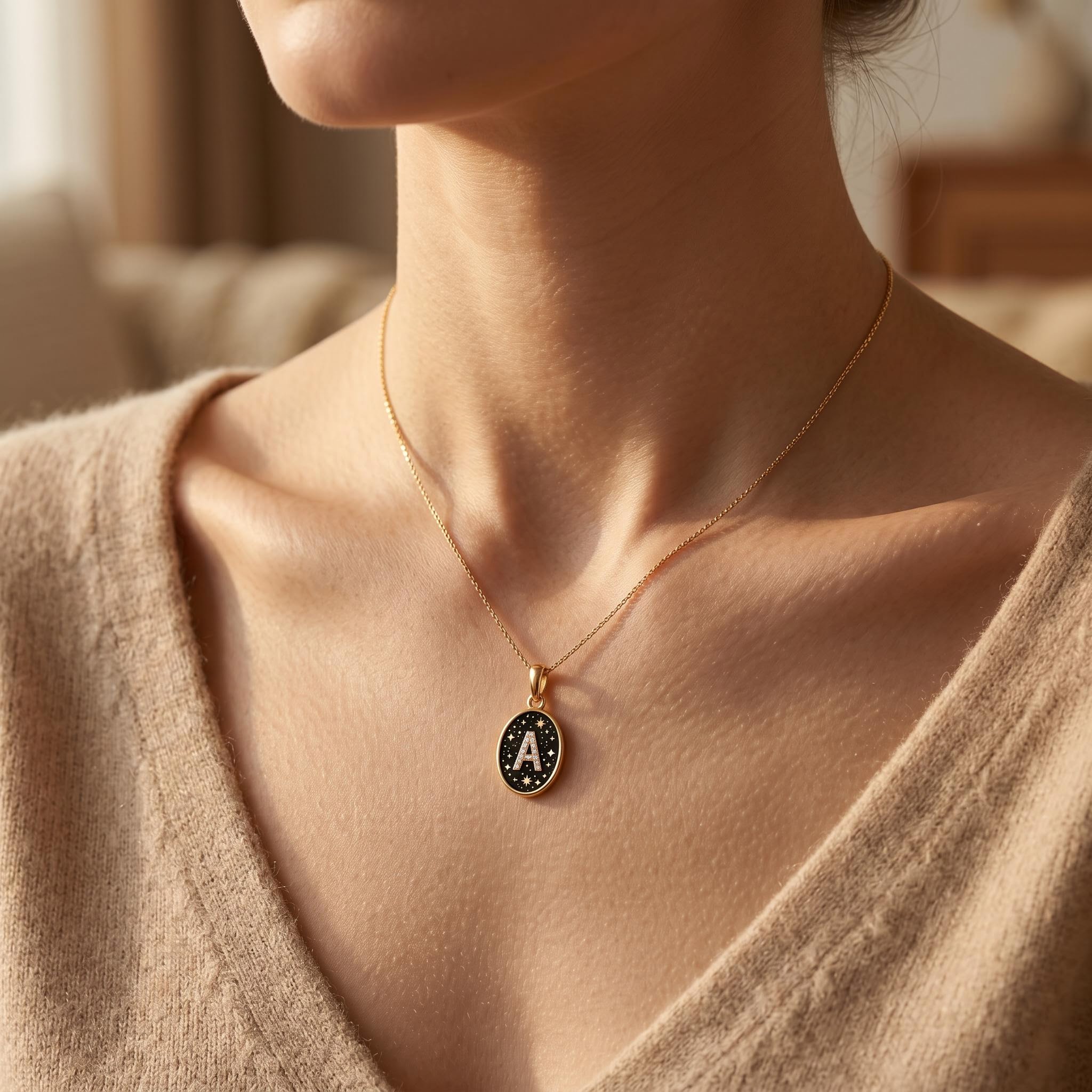 Night Starry Initial Letters Oval Shape Pendant