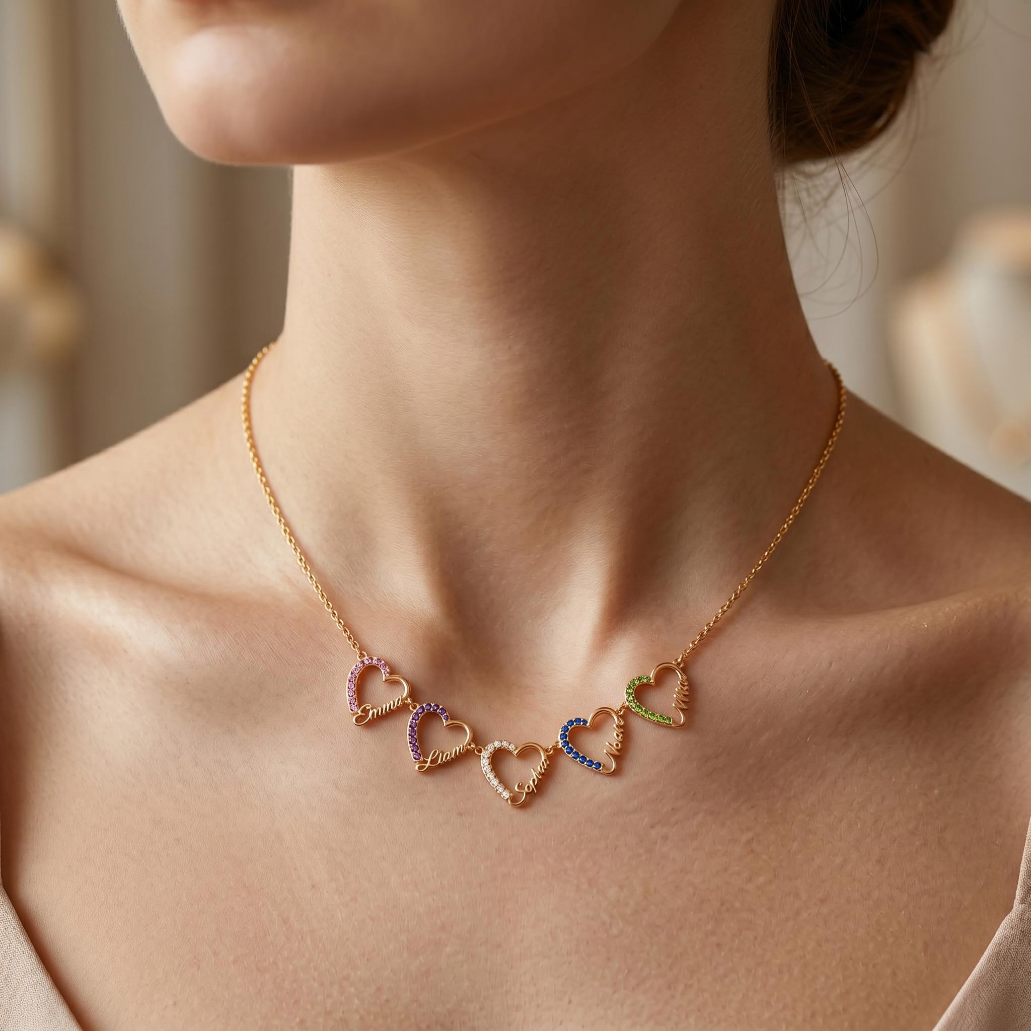 Personalized Custom Multi-Name Heart Birthstone Necklace Pendant