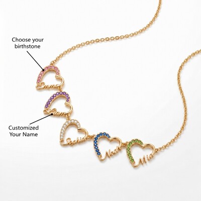 Personalized Custom Family Multi-Name with Birthstone Heart Pendant