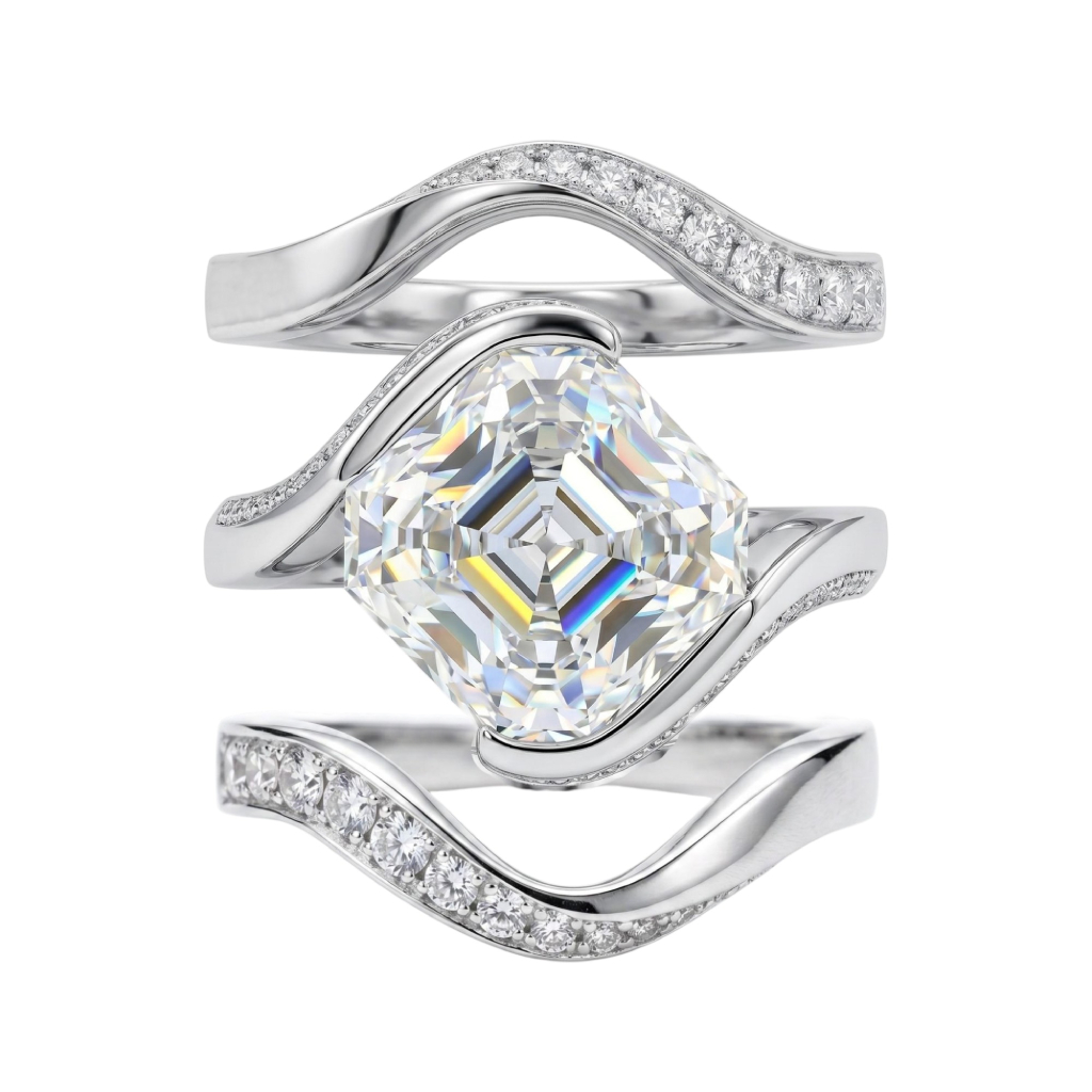5.98 ct.tw. Flowing Wrap Asscher Cut Wedding Ring Set- 3Pcs 5.98 ct.tw. Flowing Wrap Asscher Cut Wedding Ring Set- 3Pcs