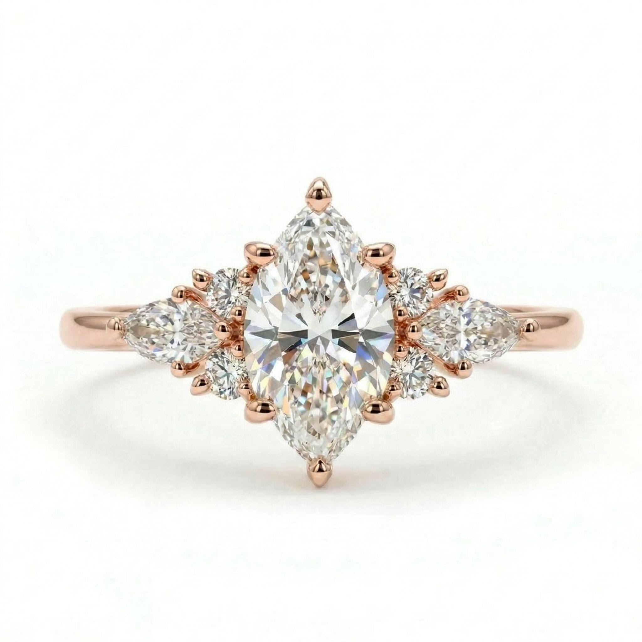 2.4ct.tw. Unique Fantasy Marquise Cut VVS Moissanite S925 Silver Engagement Ring