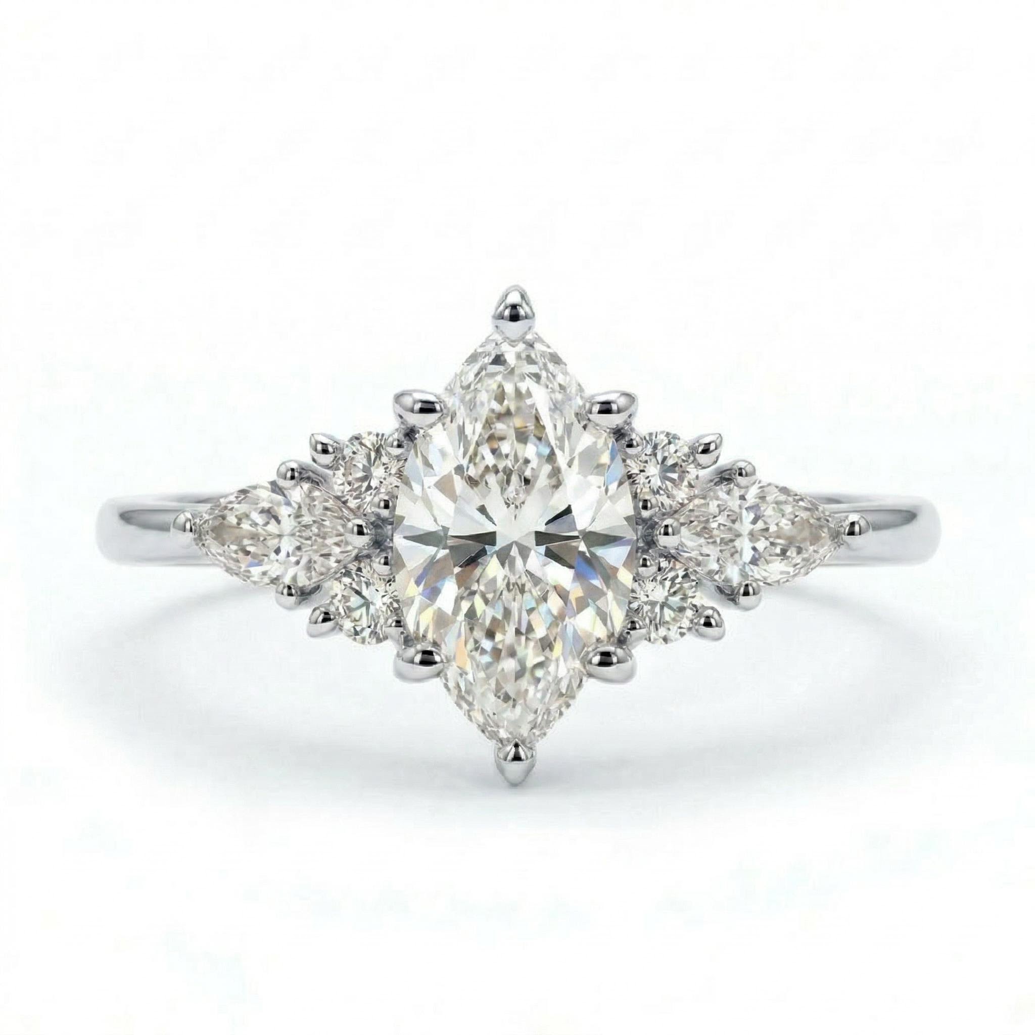 2.4ct.tw. Unique Fantasy Marquise Cut VVS Moissanite S925 Silver Engagement Ring