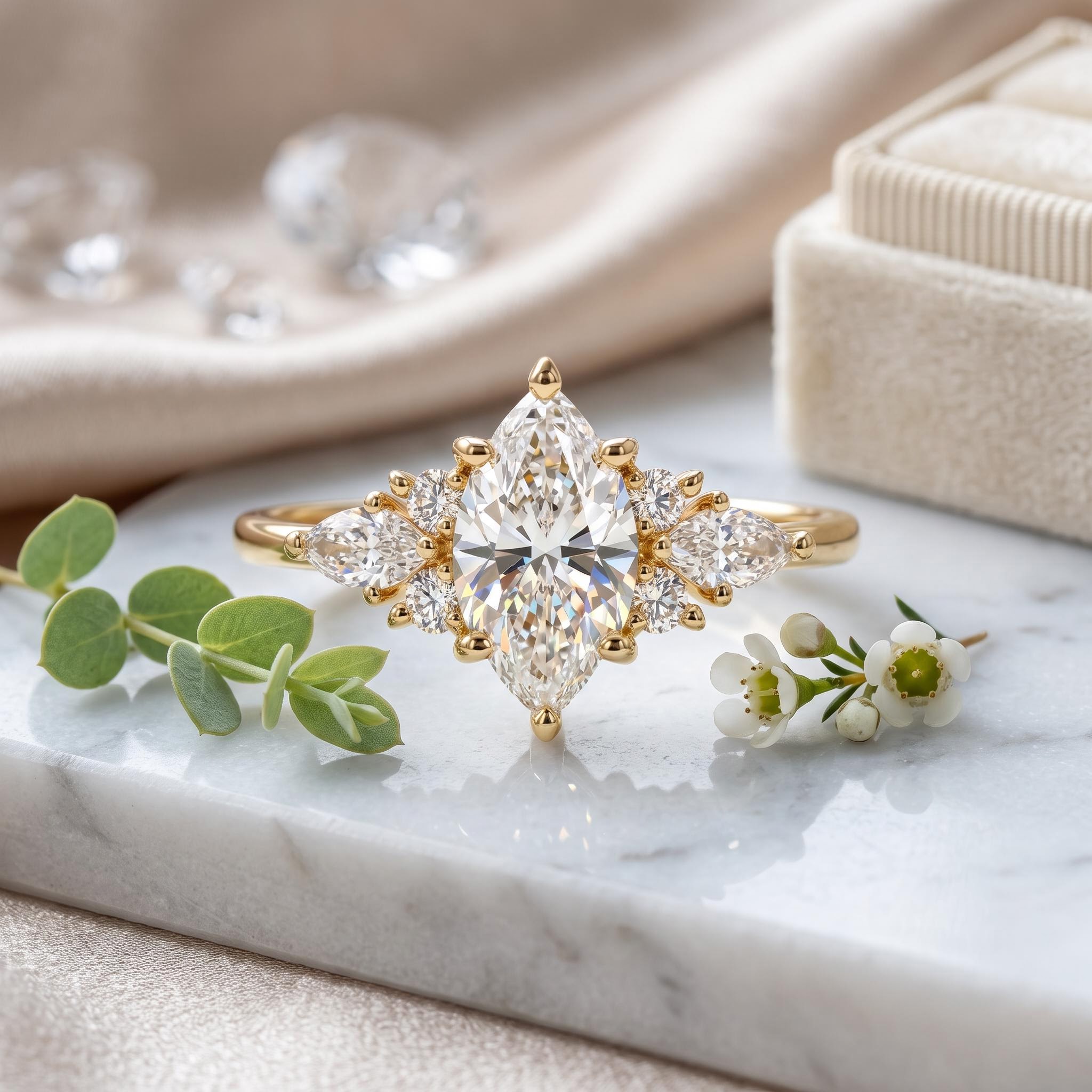 2.4ct.tw. Unique Fantasy Marquise Cut VVS Moissanite S925 Silver Engagement Ring