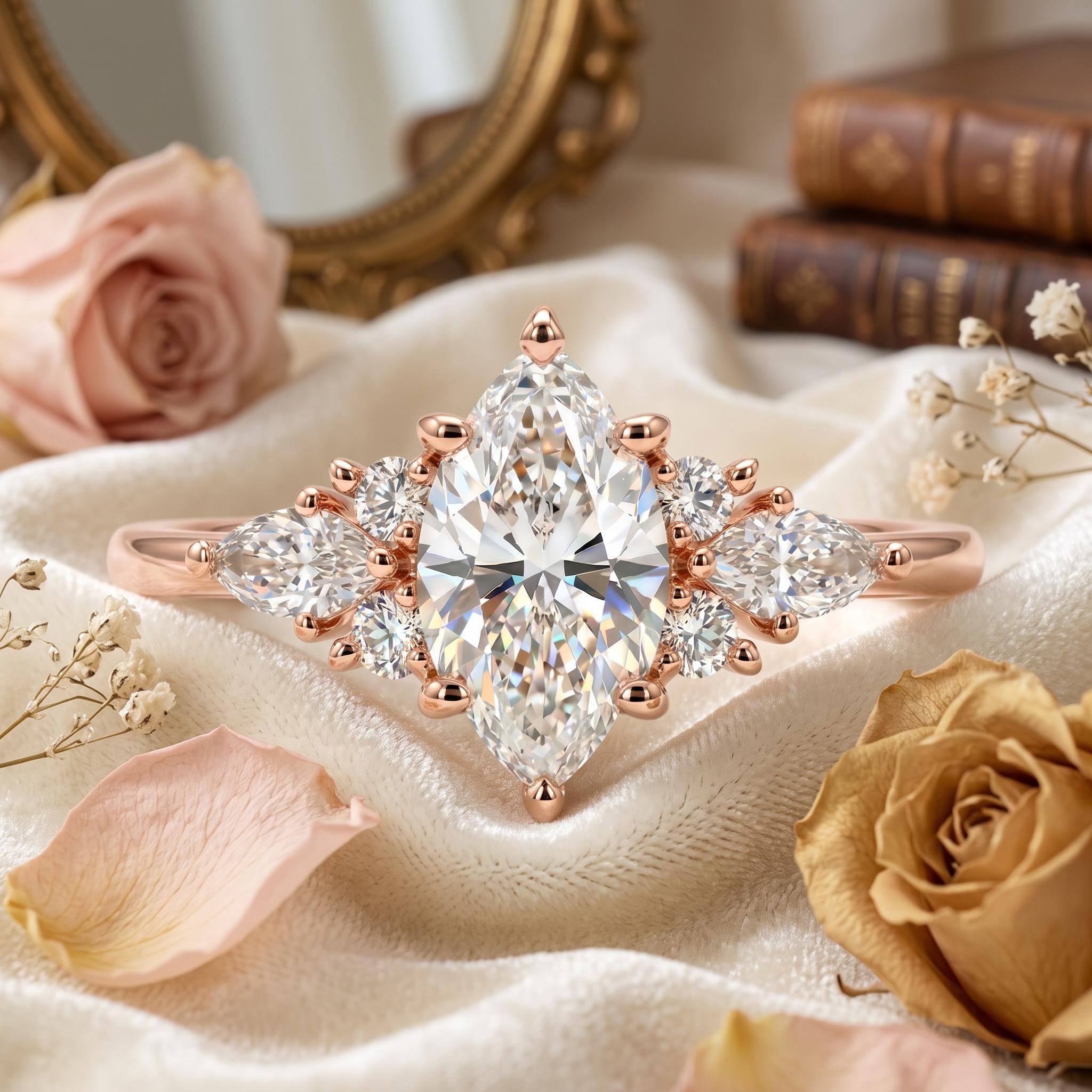 2.4ct.tw. Unique Fantasy Marquise Cut VVS Moissanite S925 Silver Engagement Ring