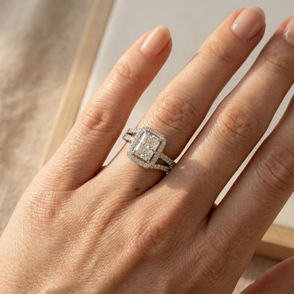 1.7 ct.tw. Detachable Halo Radiant Cut VVS Moissanite S925 Silver Wedding Ring Set