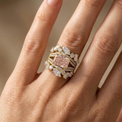 4.32 ct.tw. Stacked Pink Radiant Cut with Curved Marquise Cut Wedding Ring Set - 3Pcs