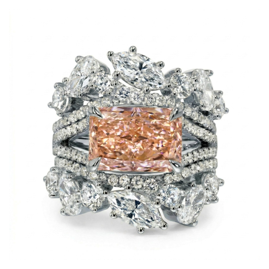 4.32 ct.tw. Stacked Pink Radiant Cut S925 Silver Engagement Ring Set