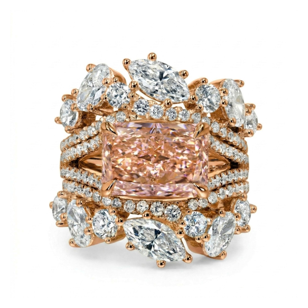4.32 ct.tw. Stacked Pink Radiant Cut S925 Silver Engagement Ring Set