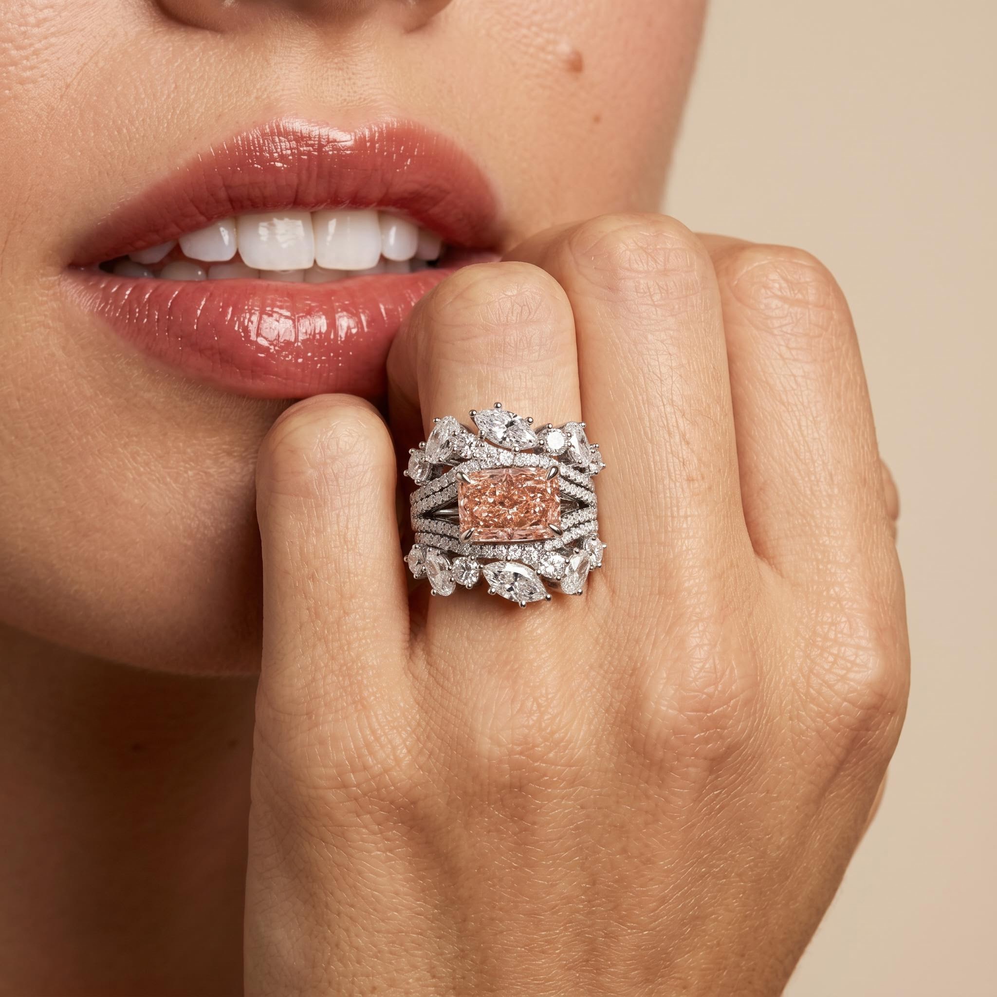 7.18 ct.tw. Stacked Pink Radiant Cut with Curved Marquise Cut Wedding Ring Set - 3Pcs 7.18 ct.tw. Stacked Pink Radiant Cut with Curved Marquise Cut Wedding Ring Set - 3Pcs
