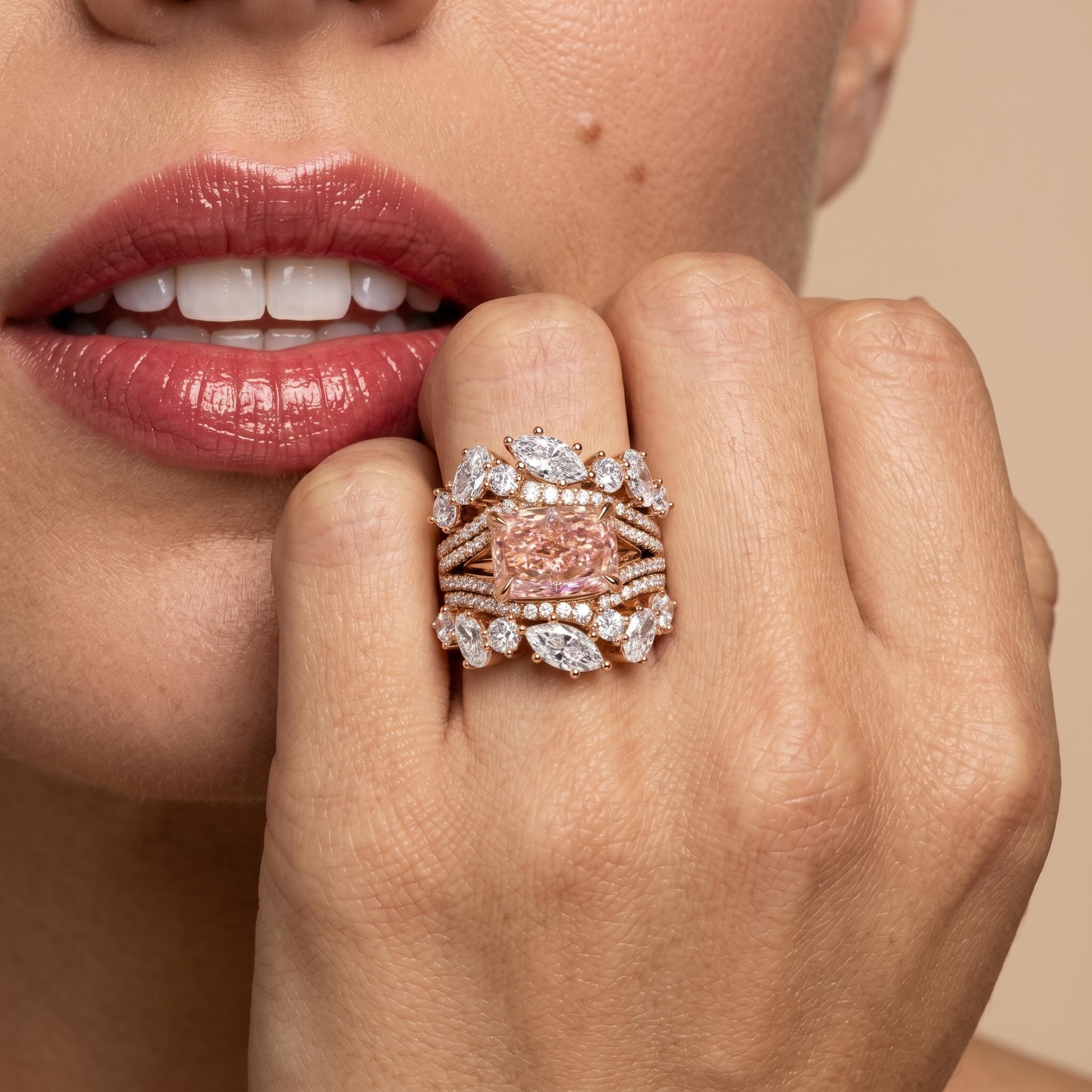7.18 ct.tw. Stacked Pink Radiant Cut with Curved Marquise Cut Wedding Ring Set - 3Pcs 7.18 ct.tw. Stacked Pink Radiant Cut with Curved Marquise Cut Wedding Ring Set - 3Pcs