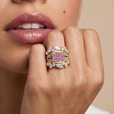 7.18 ct.tw. Stacked Purple Pink Radiant Cut with Curved Marquise Cut Wedding Ring Set - 3Pcs