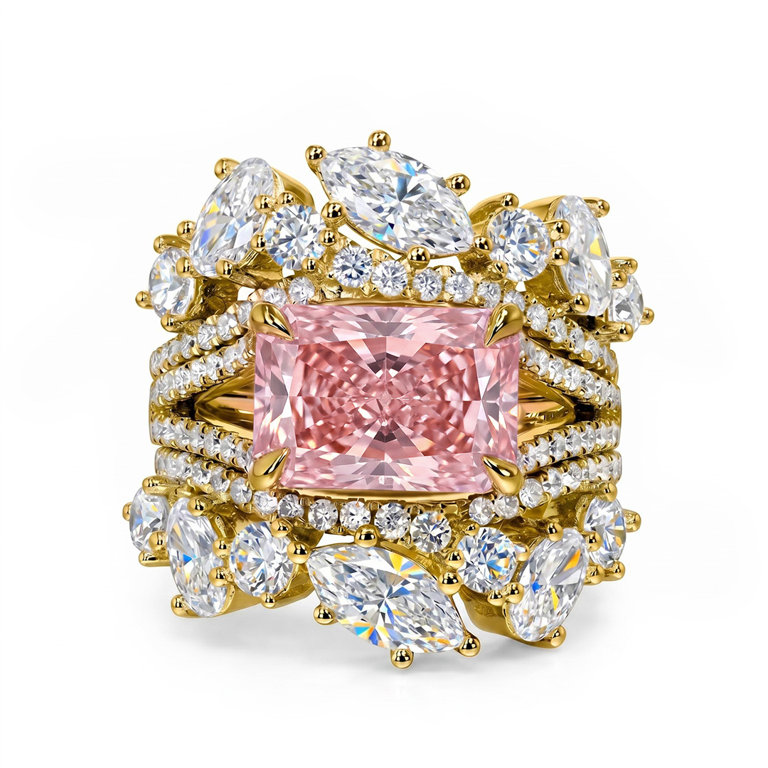 7.18 ct.tw. Stacked Pink Radiant Cut with Curved Marquise Cut Wedding Ring Set - 3Pcs