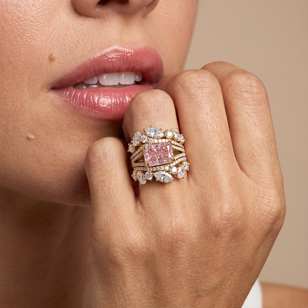 7.18 ct.tw. Stacked Pink Radiant Cut with Curved Marquise Cut Wedding Ring Set - 3Pcs