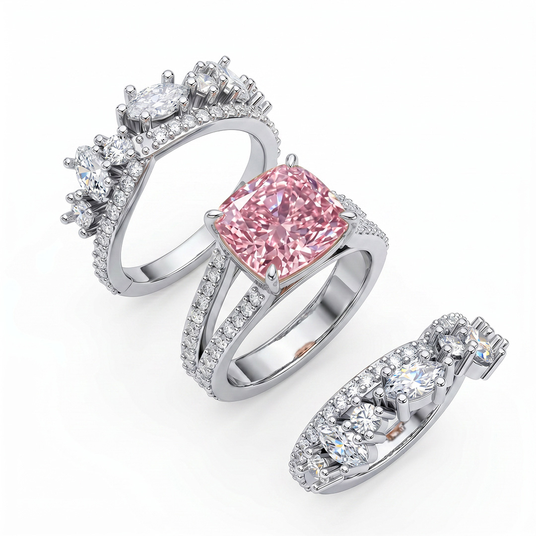 7.18 ct.tw. Stacked Pink Radiant Cut with Curved Marquise Cut Wedding Ring Set - 3Pcs