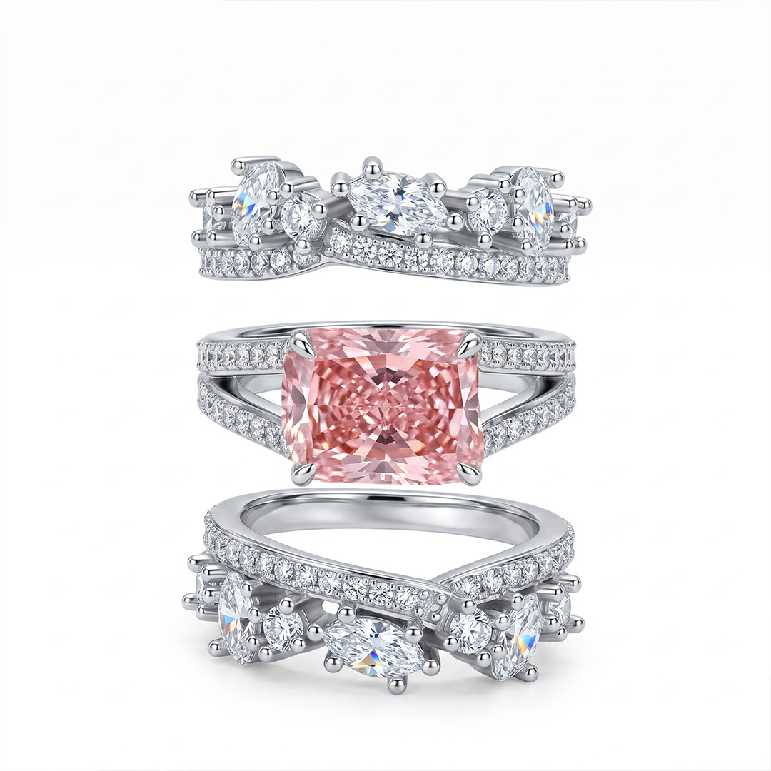 7.18 ct.tw. Stacked Pink Radiant Cut with Curved Marquise Cut Wedding Ring Set - 3Pcs