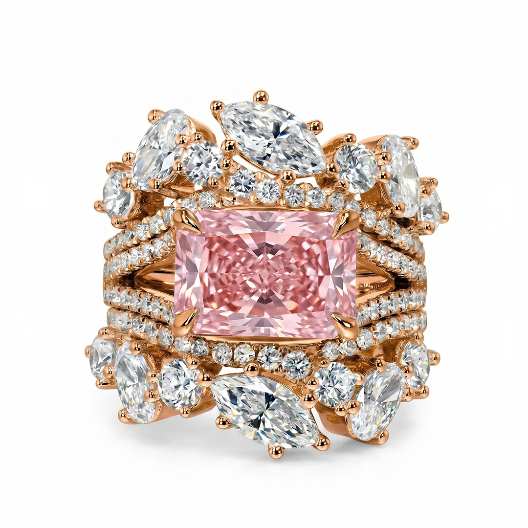 7.18 ct.tw. Stacked Pink Radiant Cut with Curved Marquise Cut Wedding Ring Set - 3Pcs