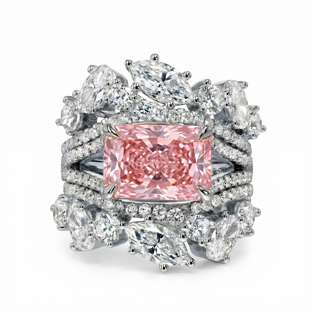 7.18 ct.tw. Stacked Pink Radiant Cut with Curved Marquise Cut Wedding Ring Set - 3Pcs