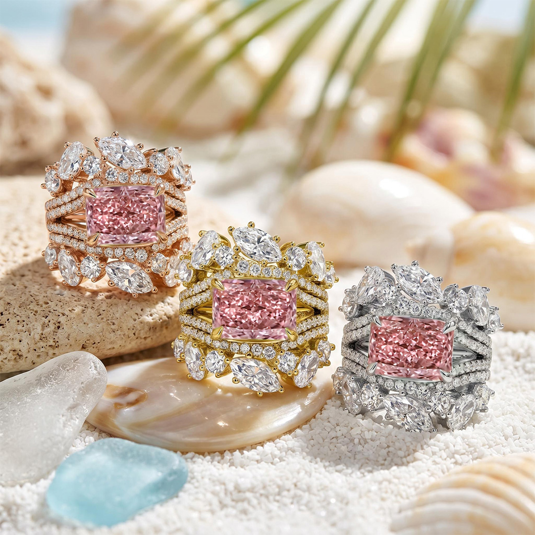 7.18 ct.tw. Stacked Pink Radiant Cut with Curved Marquise Cut Wedding Ring Set - 3Pcs