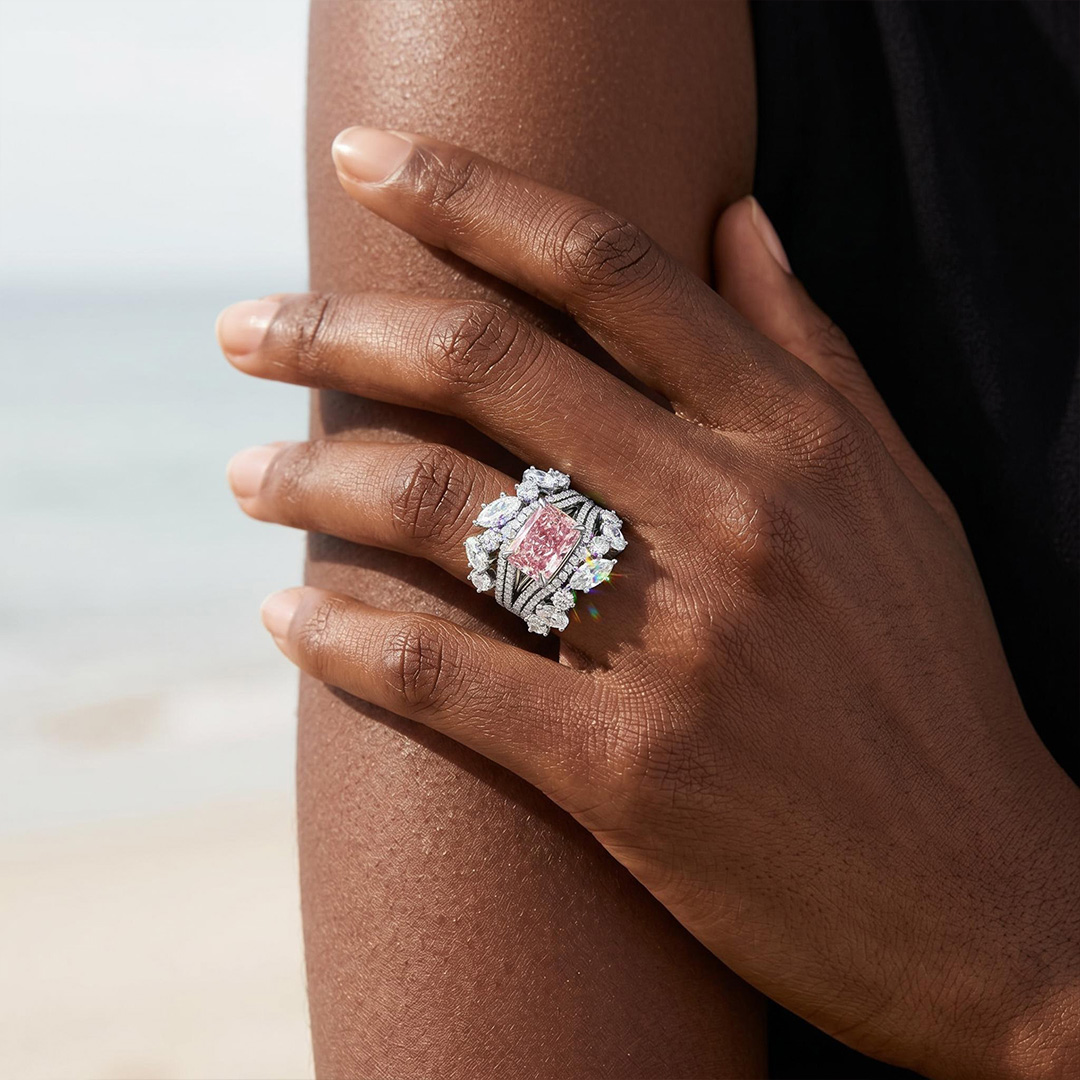 7.18 ct.tw. Stacked Pink Radiant Cut with Curved Marquise Cut Wedding Ring Set - 3Pcs