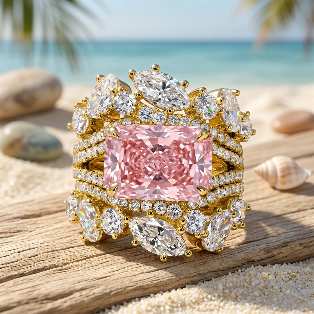 7.18 ct.tw. Stacked Pink Radiant Cut with Curved Marquise Cut Wedding Ring Set - 3Pcs